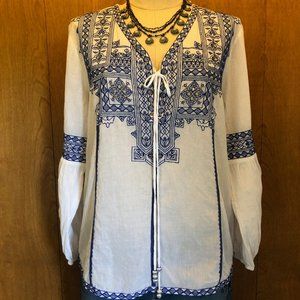 Cristina V Cotton Peasant Blouse With Blue Embroidery and Gems